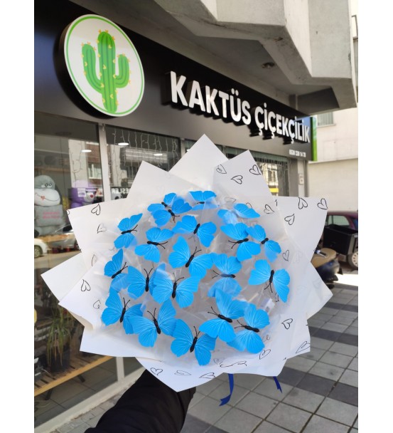Işıklı Kelebek Buketi Mavi
